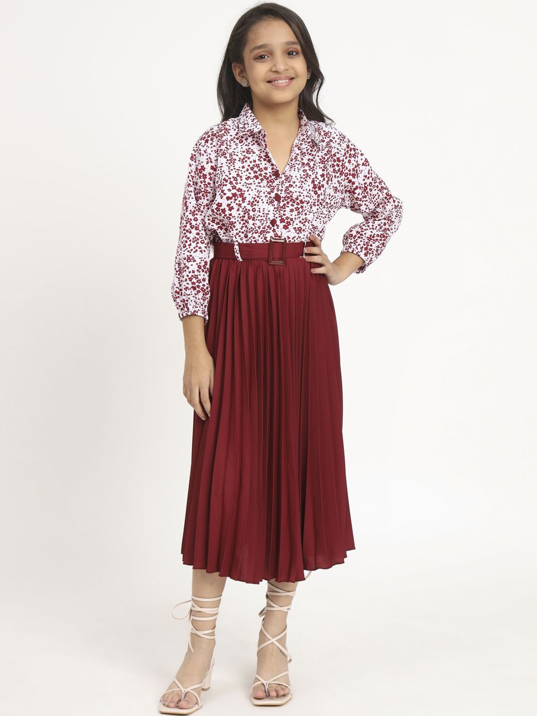 

OTABU Girls Floral Printed Fit and Flare Midi Dress, Maroon