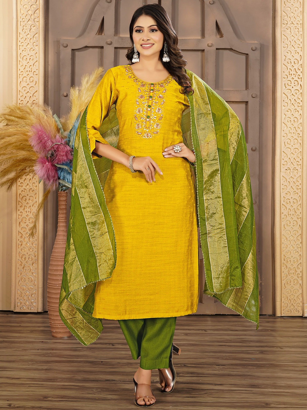 

V B SONS Women Ethnic Motifs Embroidered Regular Beads and Stones Kurta with Trousers & With Dupatta, Mustard