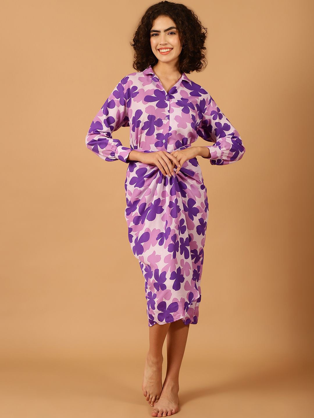 

Blissence Floral Printed Shirt Collar Long Sleeves Swimwear cover up Set, Purple