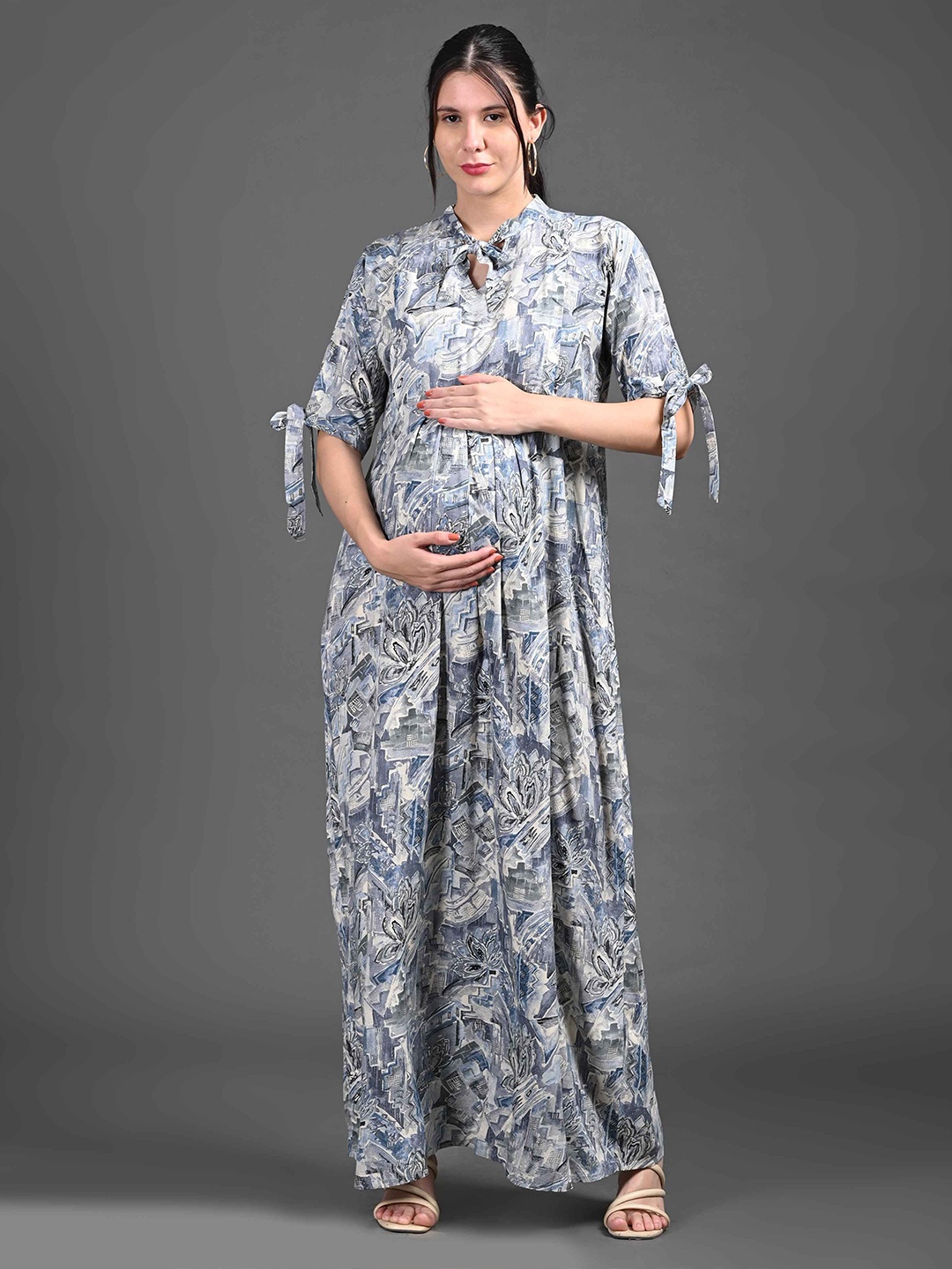 

GOLDSTROMS Printed Maternity Mandarin Collar Maxi Ethnic Dress, Grey