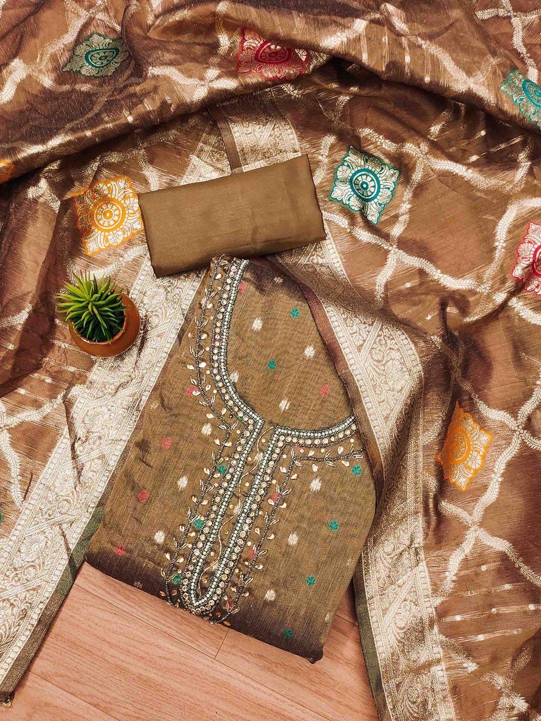 

KIMISHA Embellished Unstitched Dress Material, Coffee brown