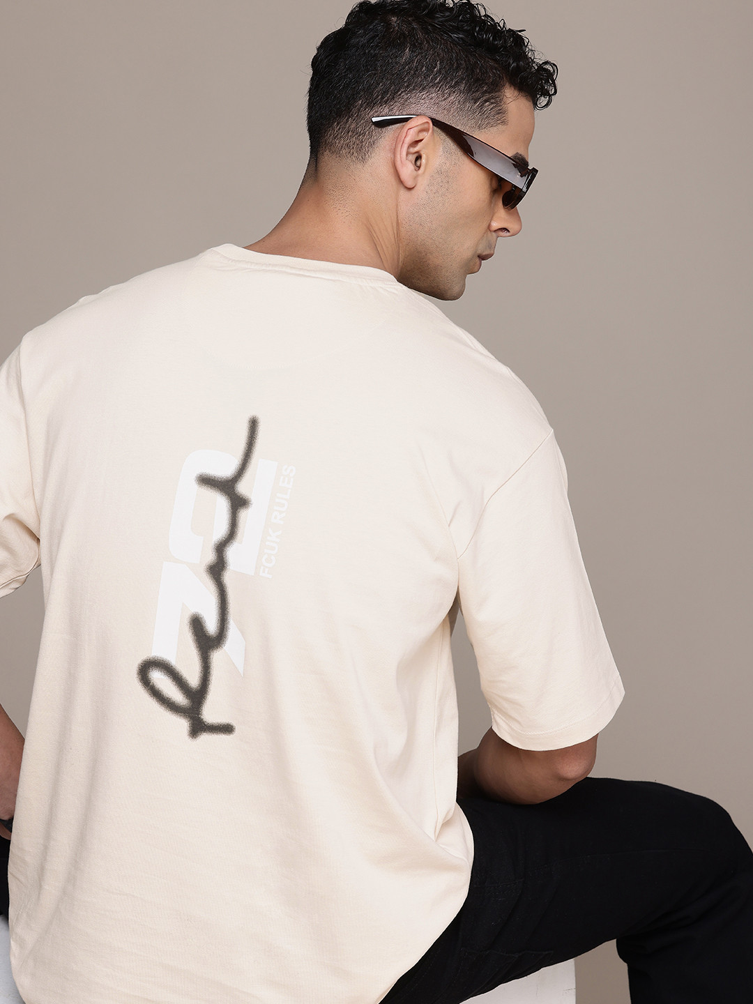 

FCUK Brand Logo Printed Drop-Shoulder Sleeves Relaxed Fit Pure Cotton T-shirt, Beige