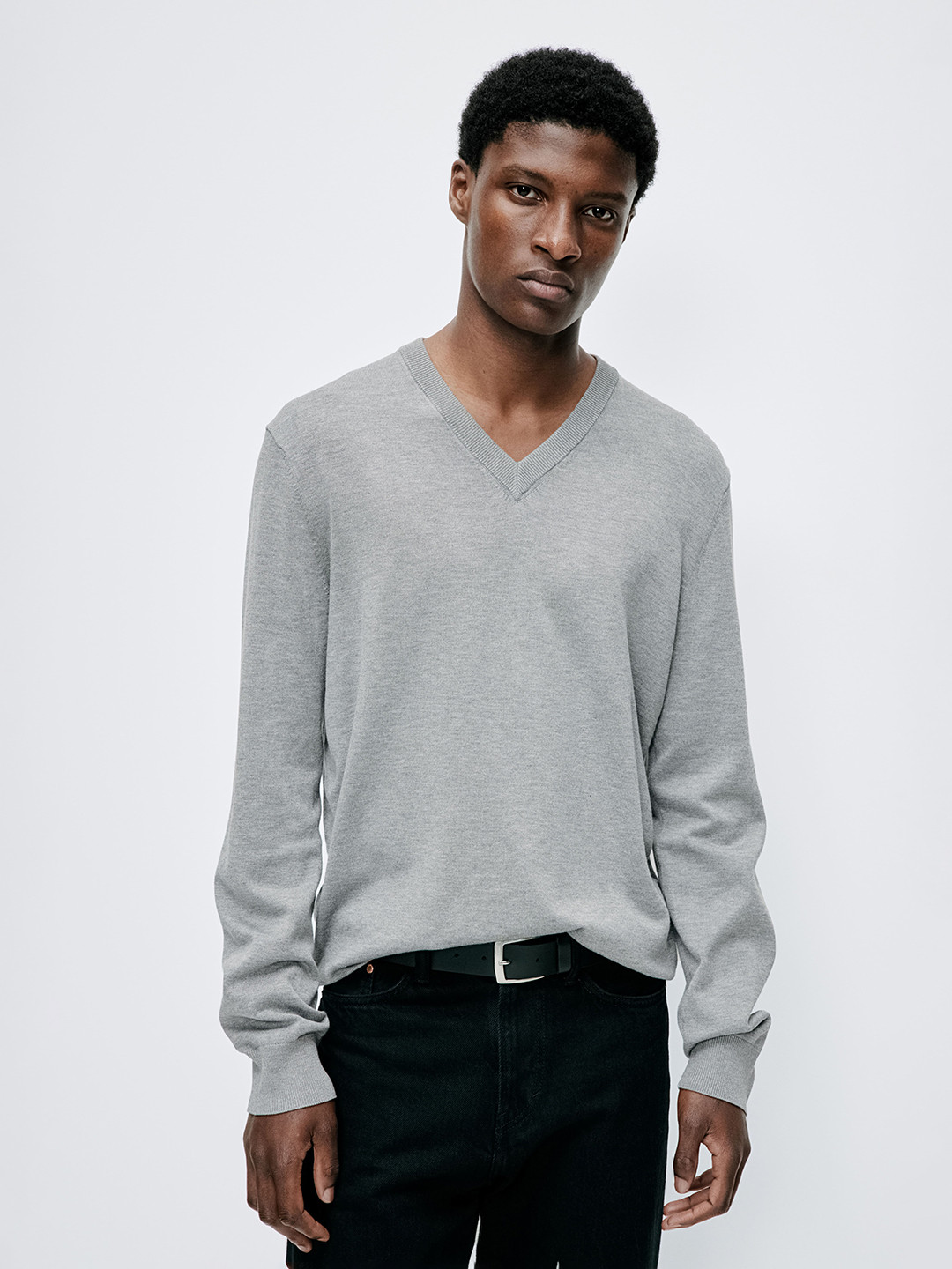 

H&M Me Slim Fit Fine-Knit V-Neck Jumper, Grey
