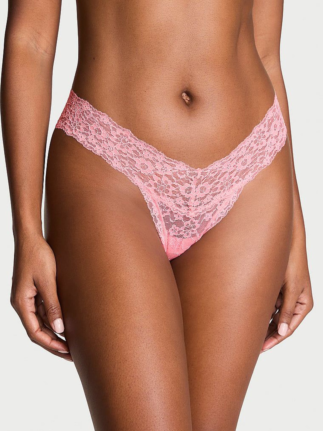 

Victoria's Secret Women Lace Low-Rise Self Design Seamless Thong Briefs, Pink