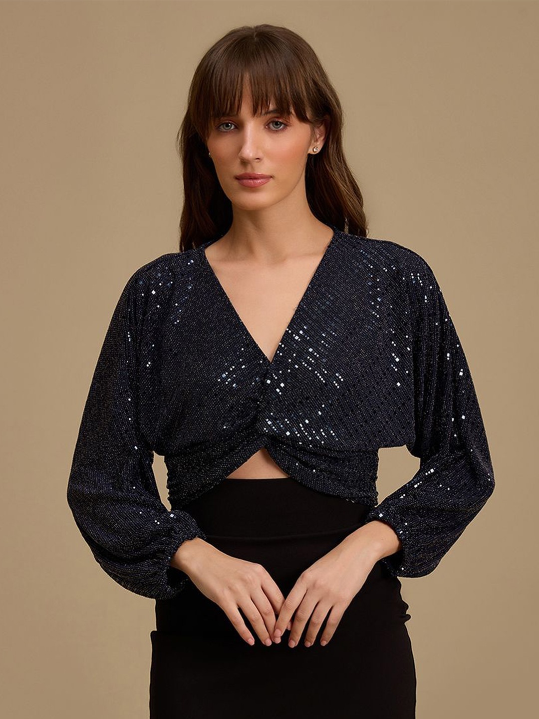

Kazo Women Embellished Sequined Crop Top, Navy blue