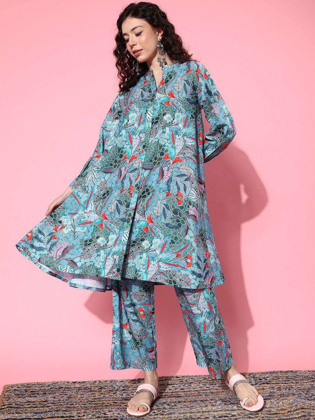 

KALINI Women Printed Regular Kurta with Trousers, Sea green