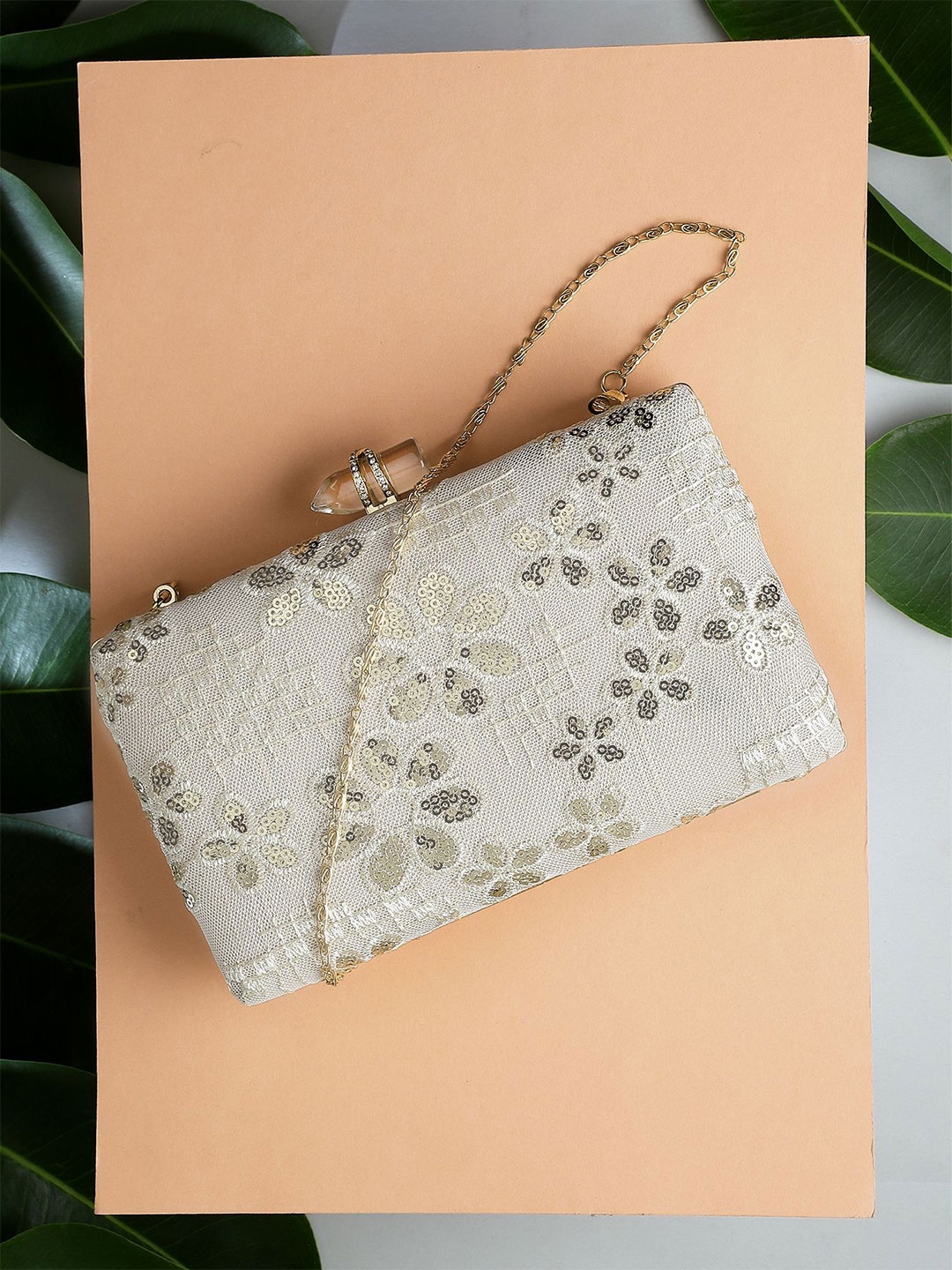 

Bohey by KARATCART Embroidered Box Clutch, Cream