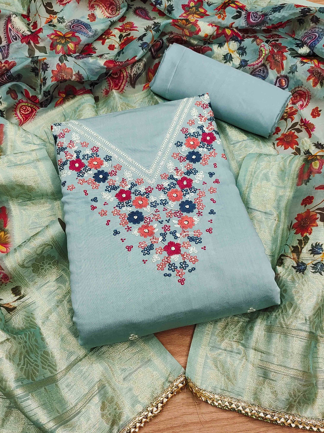 

KIMISHA Embroidered Unstitched Dress Material, Blue