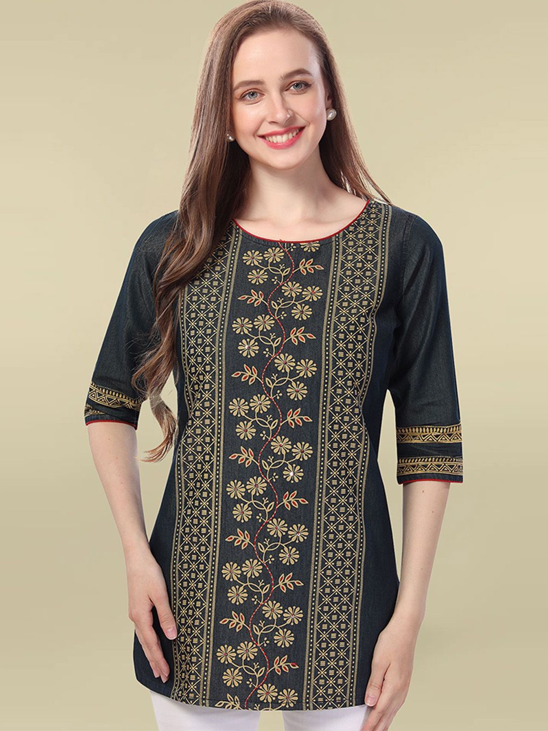 

KALINI Women Floral Printed Thread Work Kurti, Olive