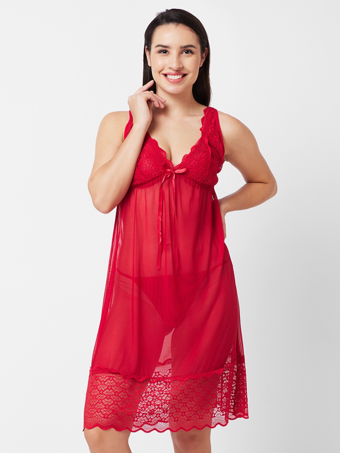 

NOIRA Net V-Neck Self Design Baby Doll, Maroon