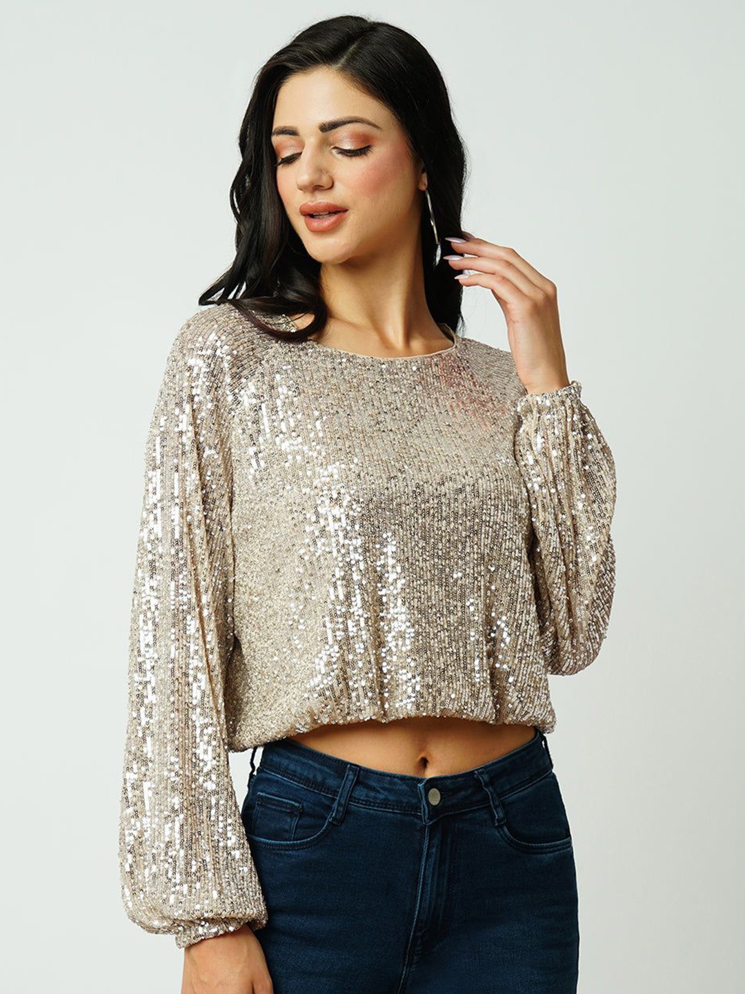 

Kraus Jeans Women Embellished Cotton Round Neck Crop Top, Silver