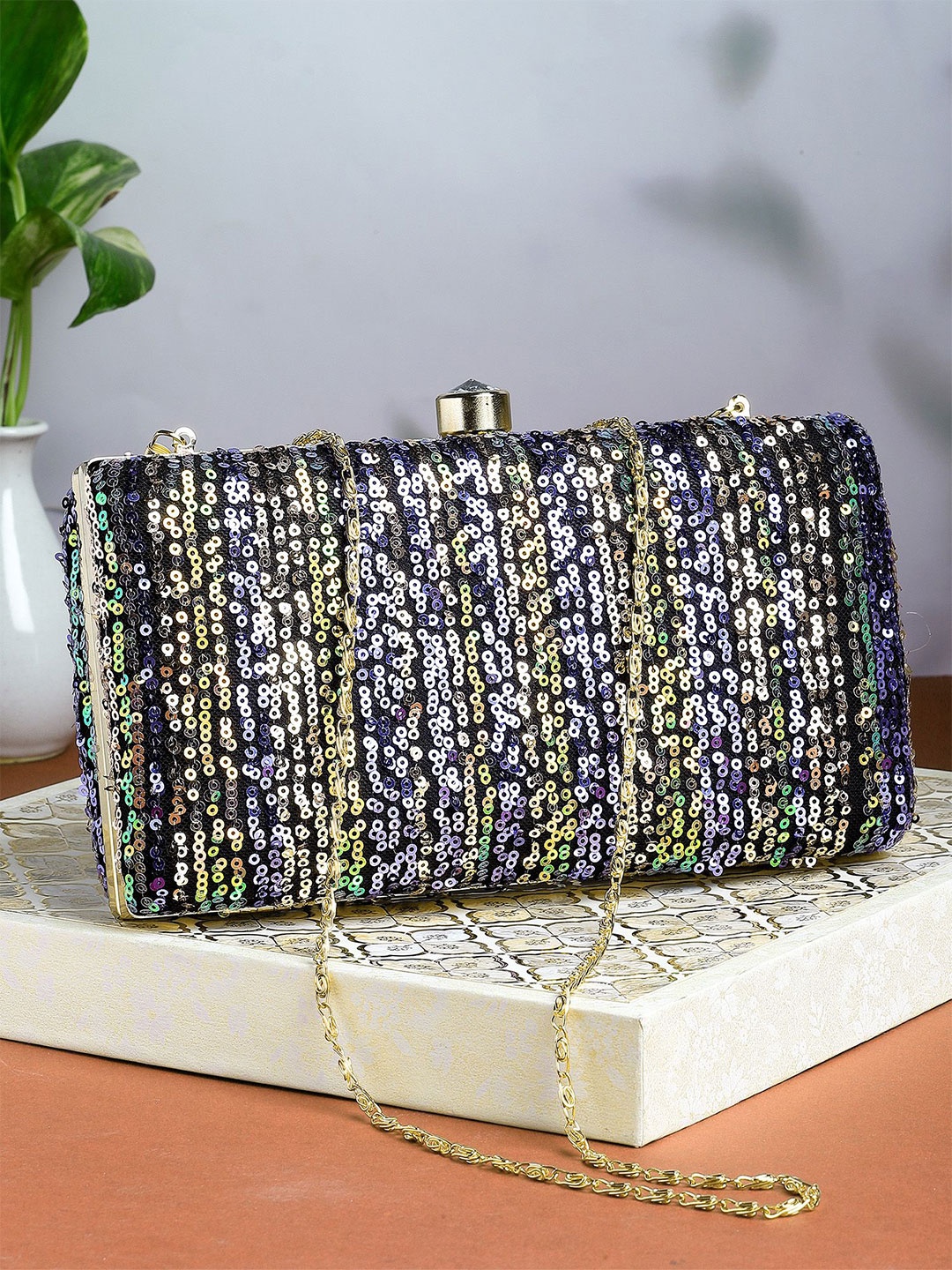 

Bohey by KARATCART Embroidered Embellished Box Clutch, Black