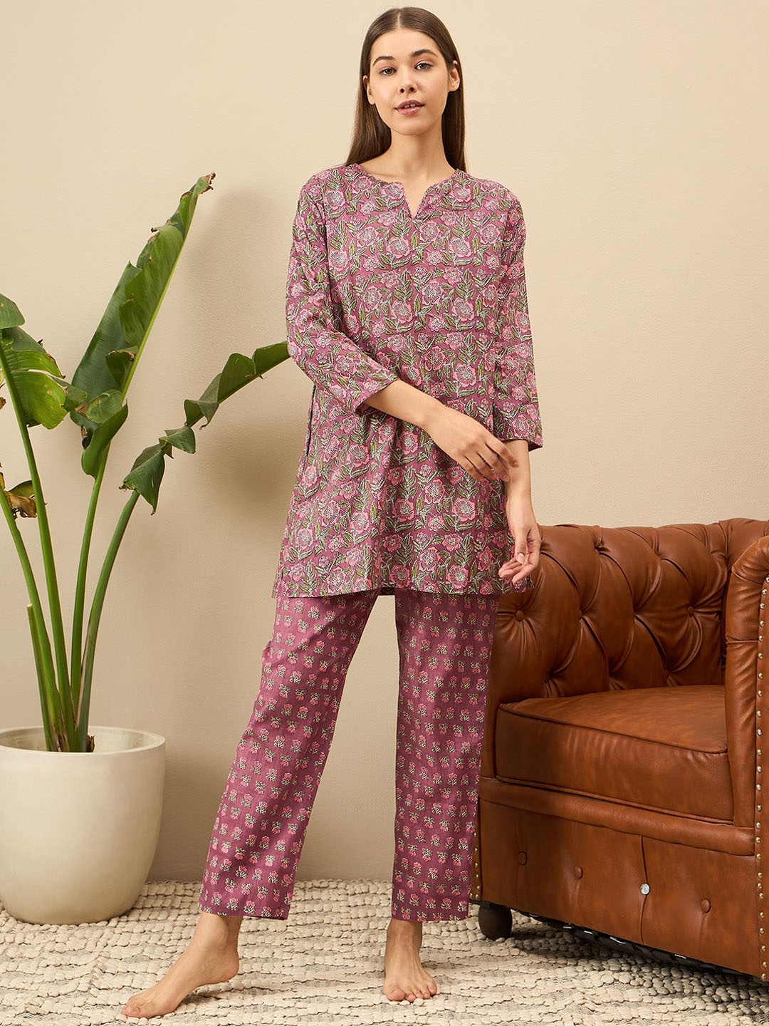 

July Women Printed Cotton Night suit, Pink