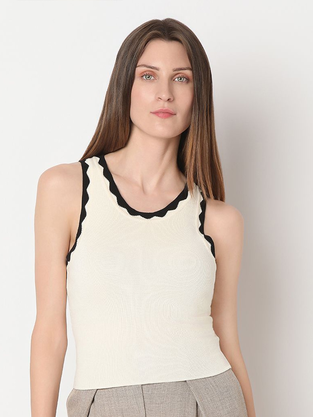 

Vero Moda Women Round Neck Sleeveless Regular Top, Beige