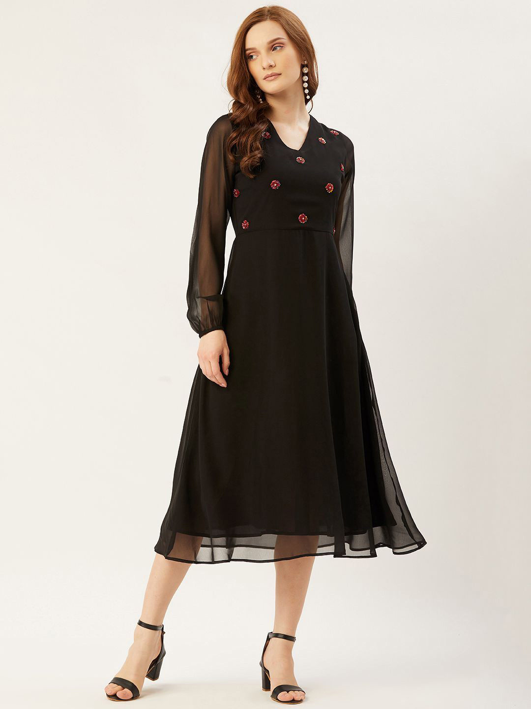 

Slenor Georgette Embroidered V-Neck Puff Sleeve A-Line Midi Dress, Black