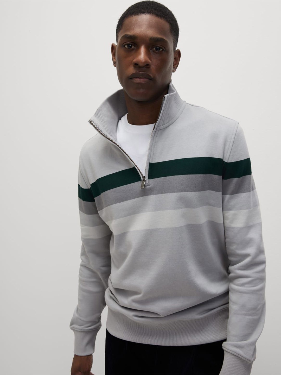 

Marks & Spencer Men Cotton Striped Mock Collar Long Sleeves Pullover Sweatshirt, Steel
