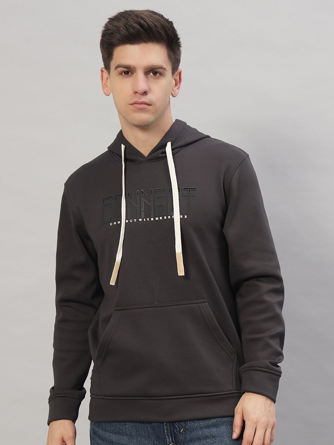 

PROFY Men Typography Printed Hooded Pullover Sweatshirt, Charcoal