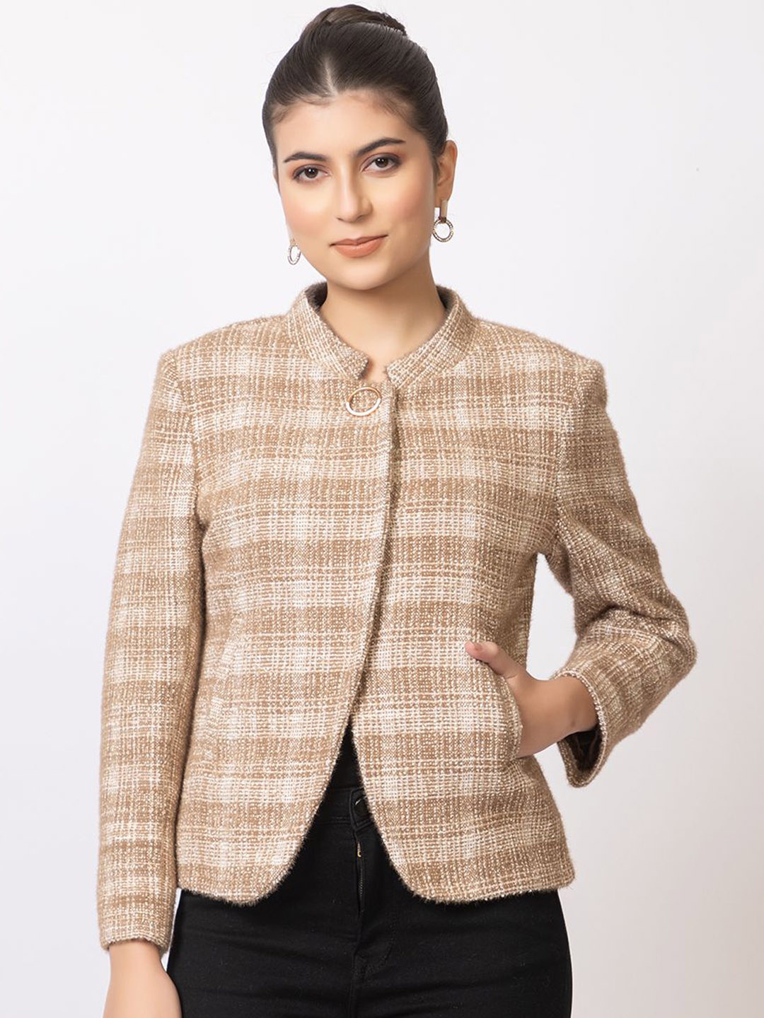 

Navsha Checked Single Breasted Woolen Blazer, Beige