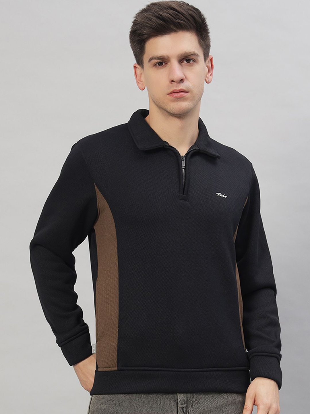 

PROFY Men Colourblocked Shirt Collar Sweatshirt, Black