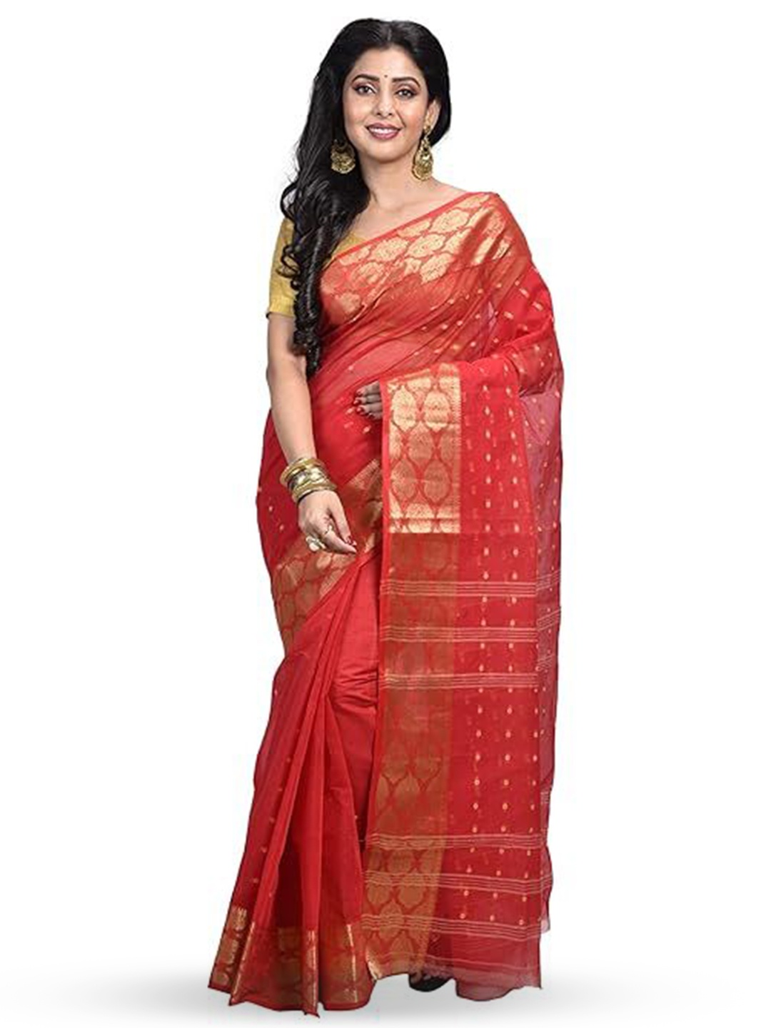 

RAJ SAREE HOUSE Woven Design Zari Pure Cotton Taant Saree, Red