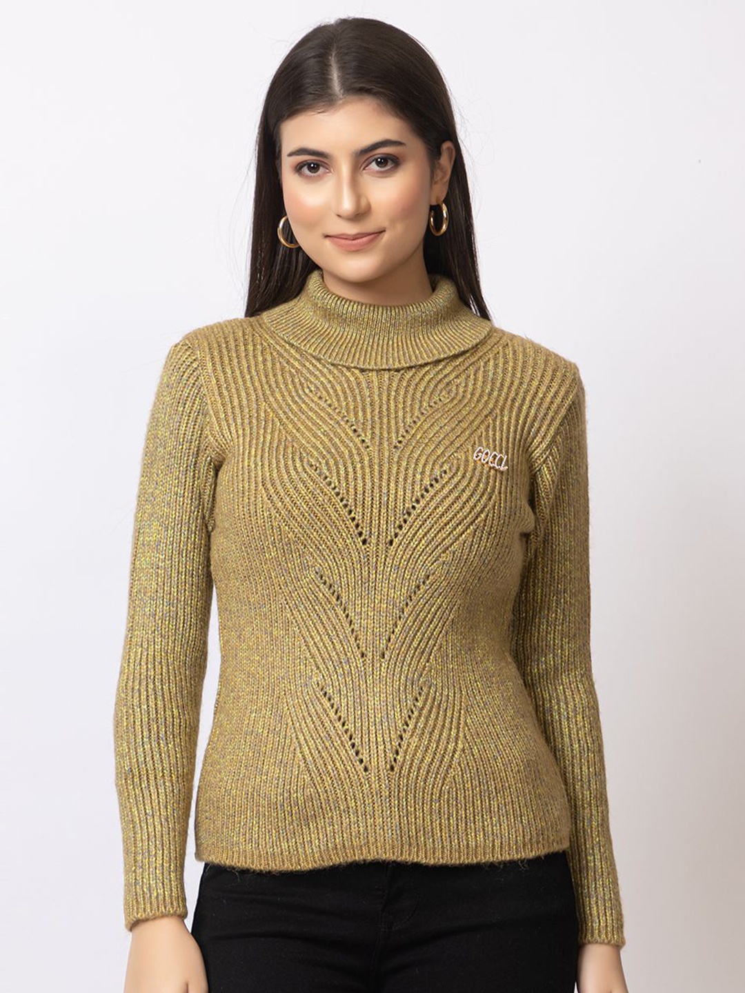 

Navsha Women Self Design Turtle Neck Woollen Pullover, Green