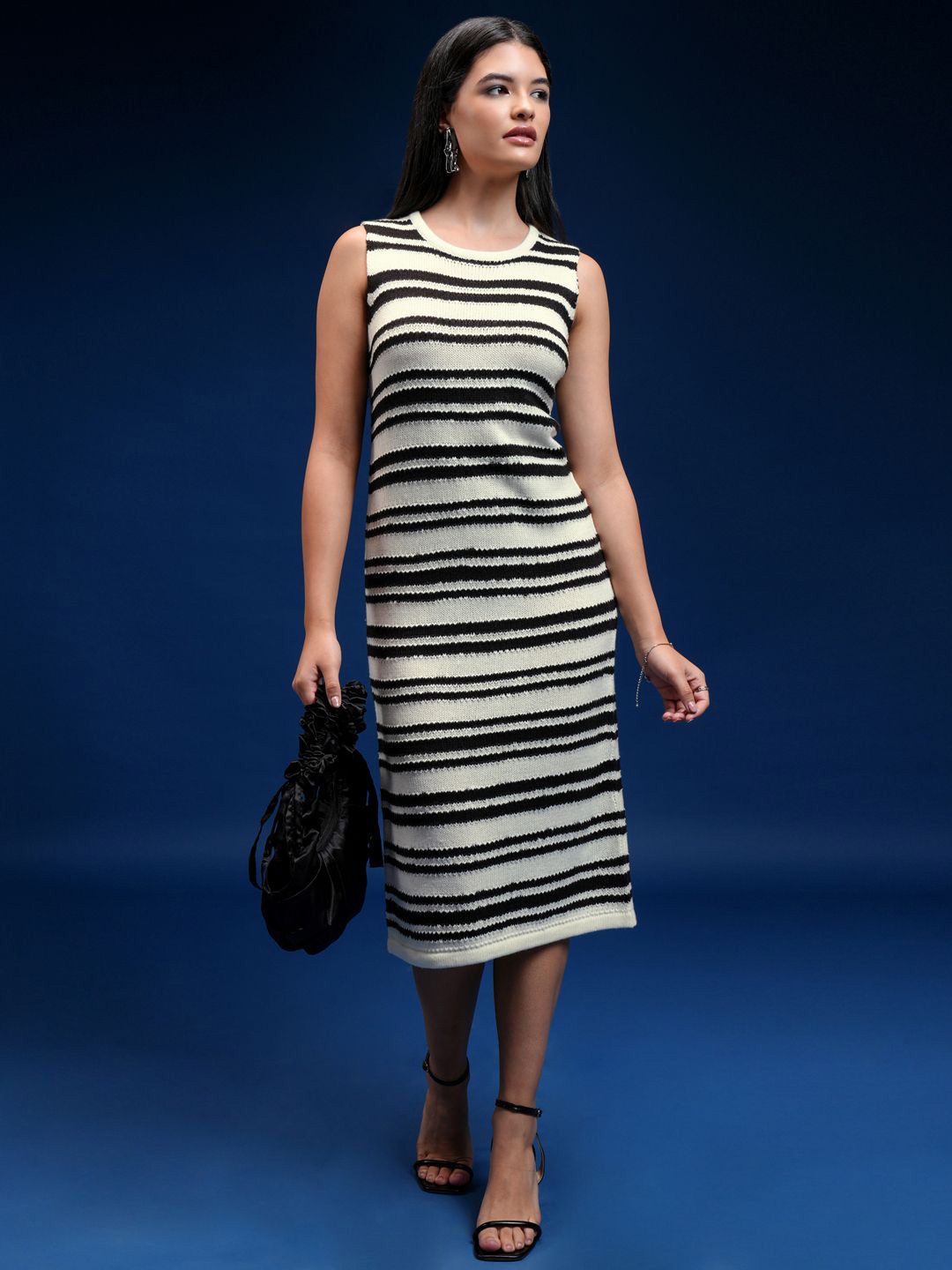 

Tokyo Talkies Women Striped Round Neck Sleeveless Midi Sheath Dress, White