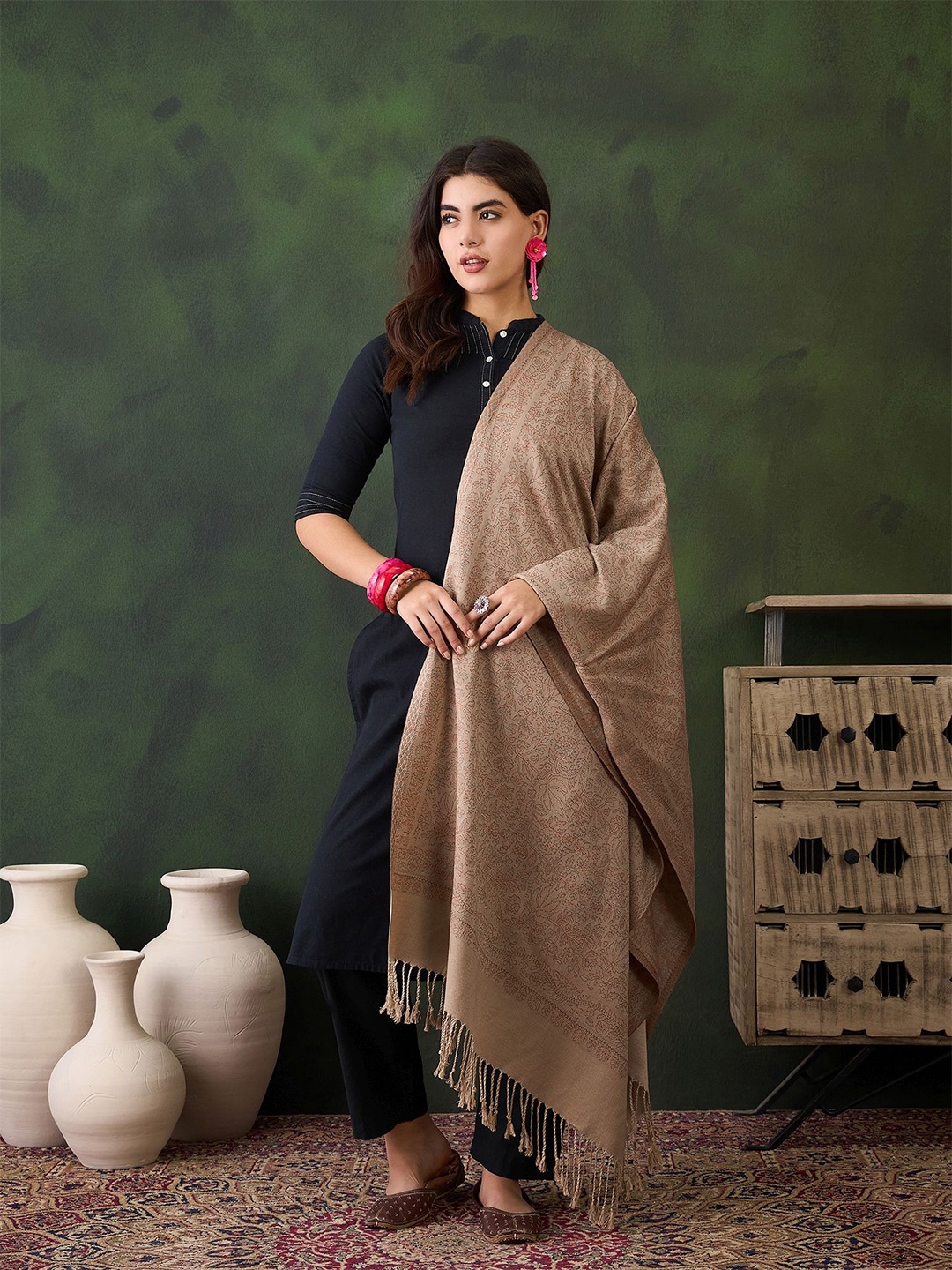 

Sangria Women Floral Motifs Woven Design Winter Pashmina Stole, Beige