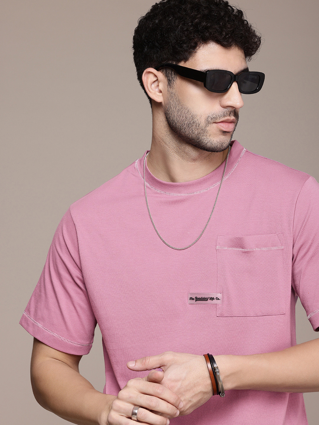 

The Roadster Life Co. Drop-Shoulder Sleeves Oversized T-shirt With Chest Pocket, Purple