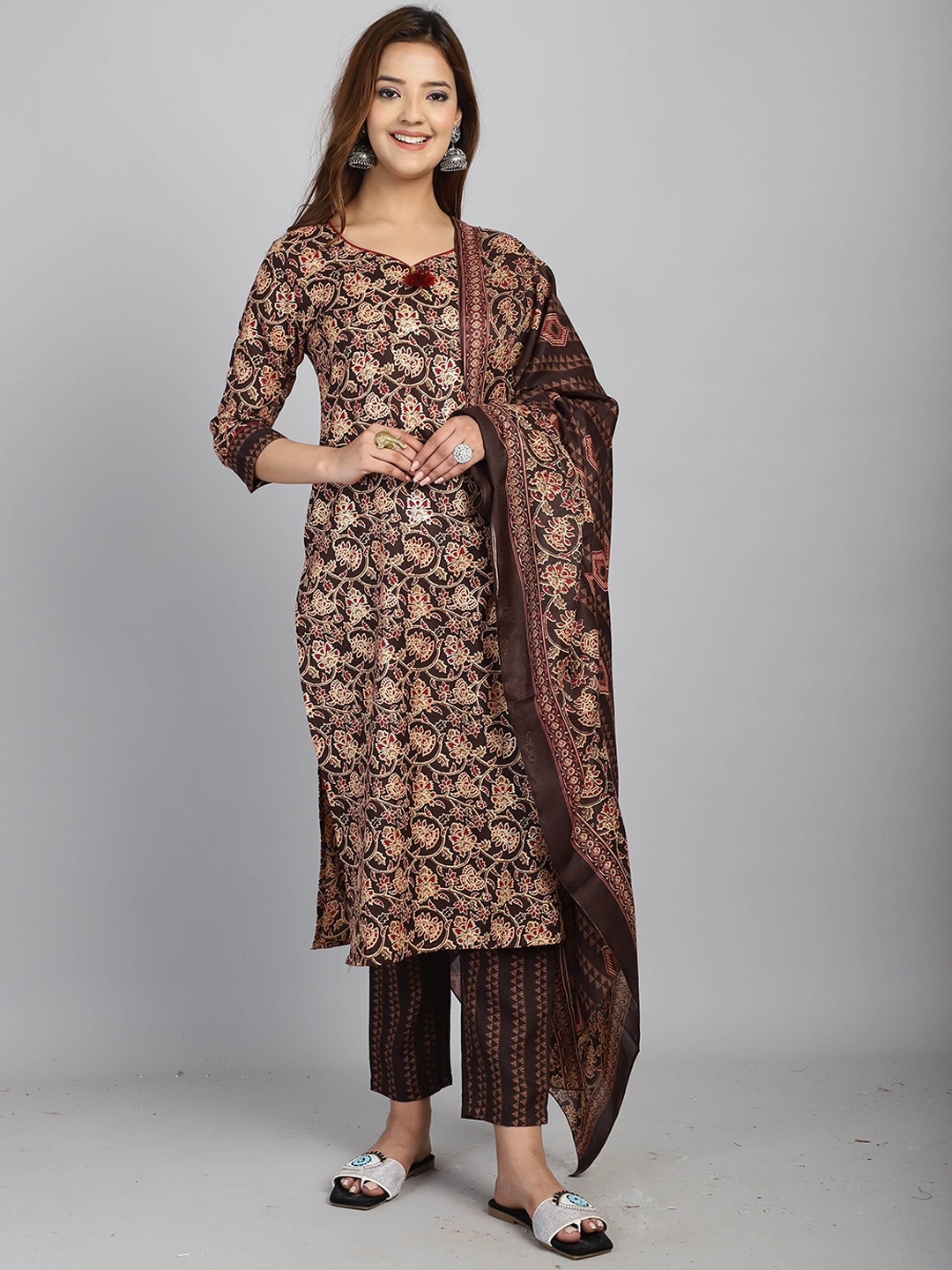 

Roly Poly Women Floral Printed Regular Kurta with Trousers & With Dupatta, Brown