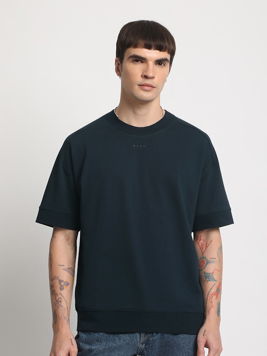 

THE BEAR HOUSE Drop Sholuder Round Neck Loose Fit Cotton T-shirt, Blue