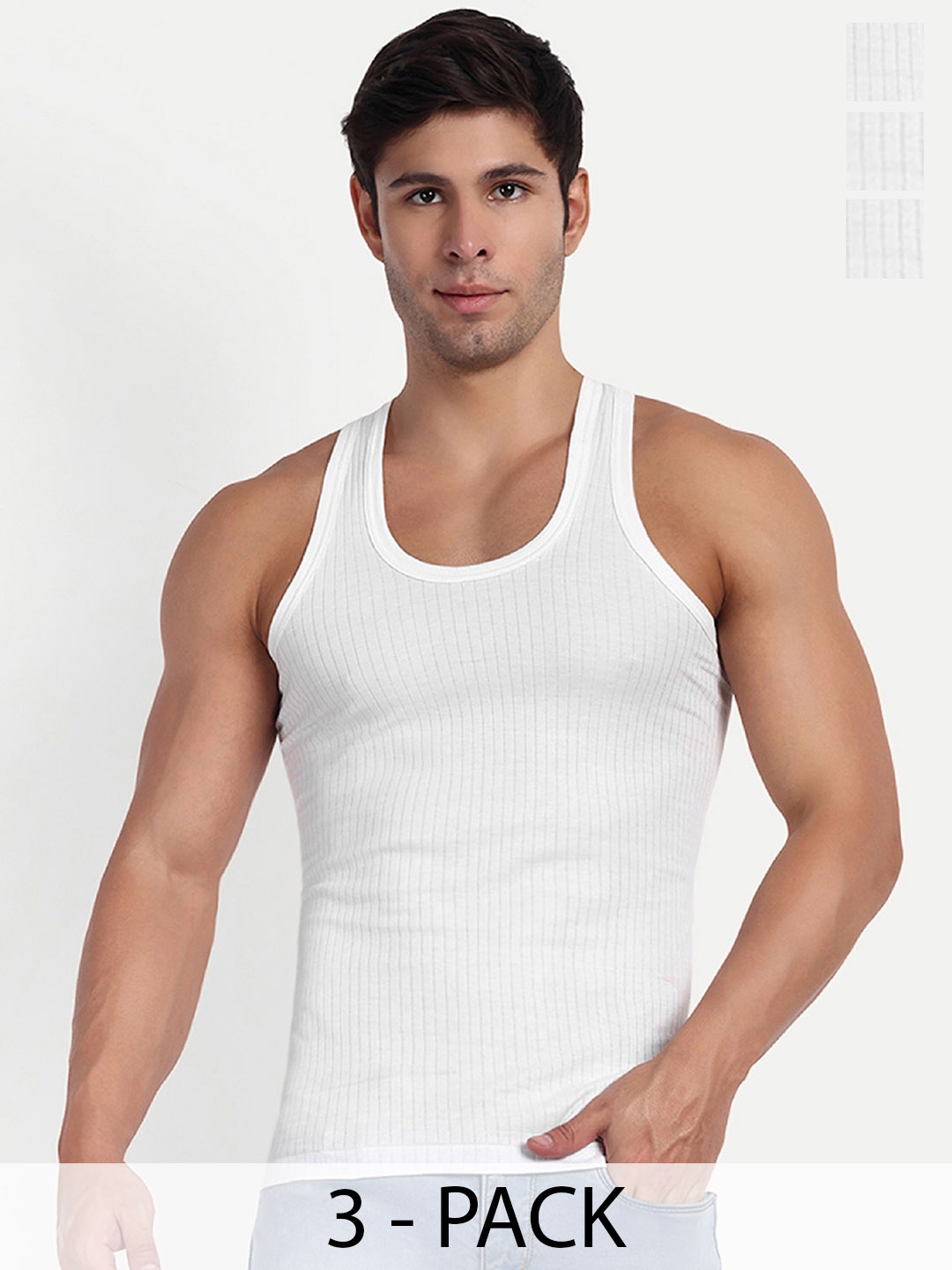 

KANSAL Pack Of 3 Striped Cotton Innerwear Vests, White