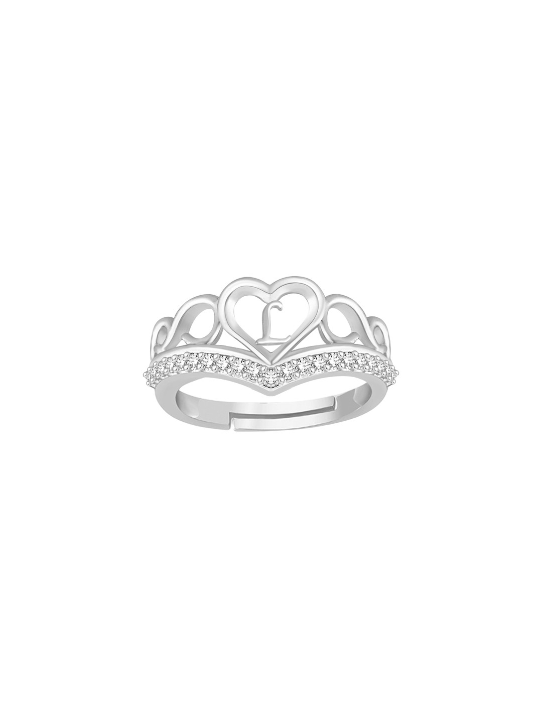 

Lila Unisex Silver-Plated Cubic Zirconia Stone Studded Alphabet L Adjustable Finger Ring