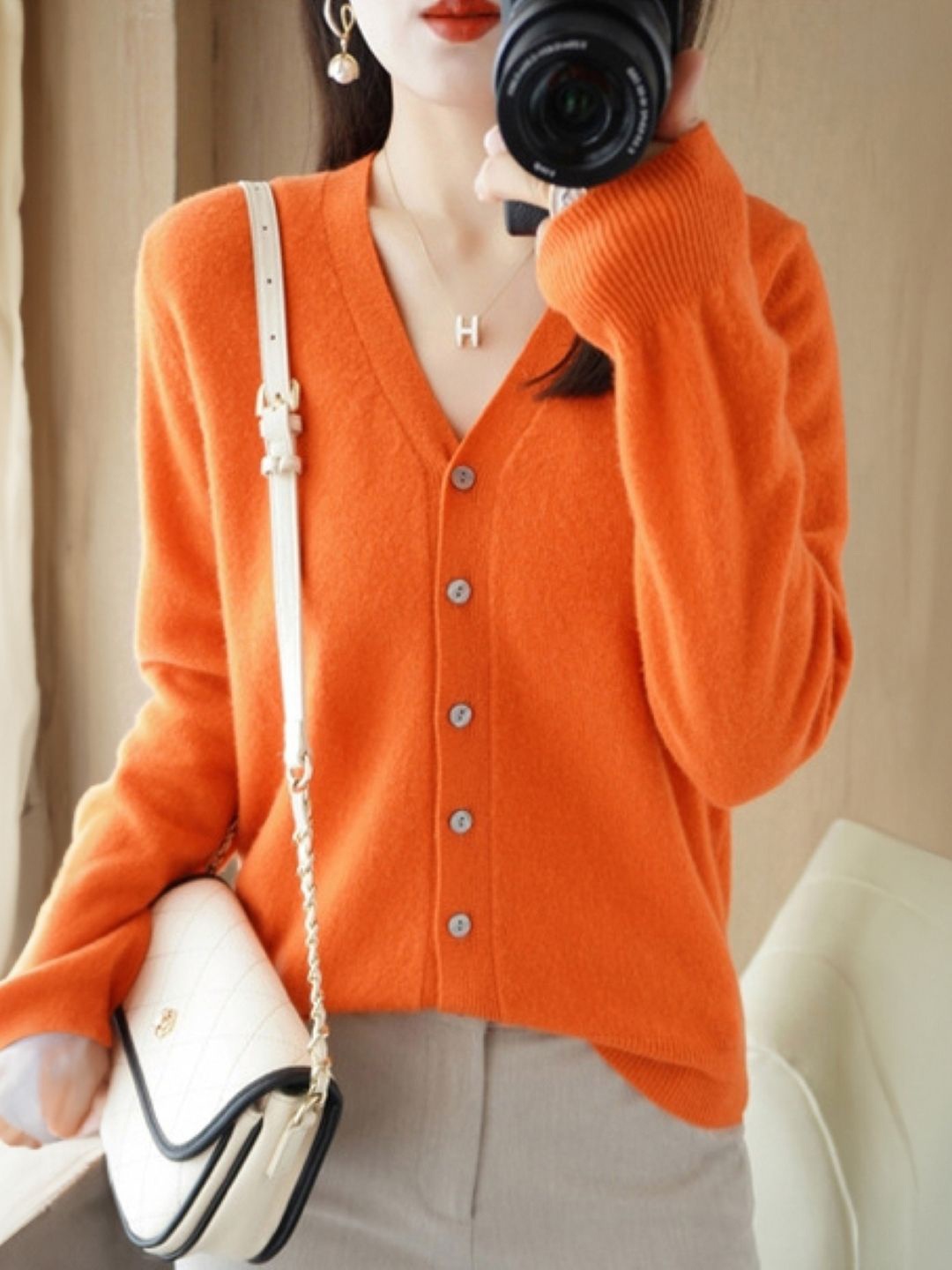 

KPOP Women V-Neck Long Sleeves Top, Orange