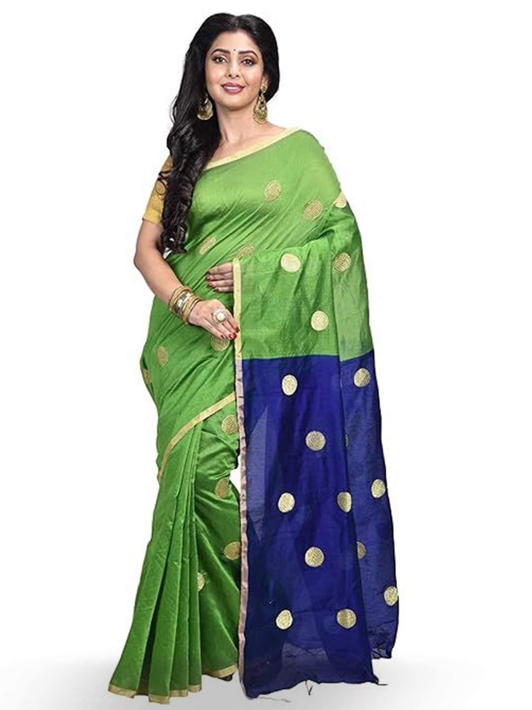 

RAJ SAREE HOUSE Polka Dot Zari Pure Cotton Taant Saree, Green