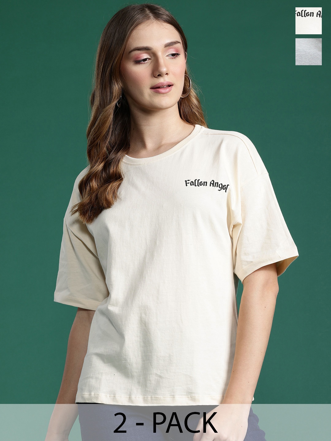 

DressBerry Pack of 2 Printed Drop-Shoulder Sleeves Pure Cotton T-shirts, Off white