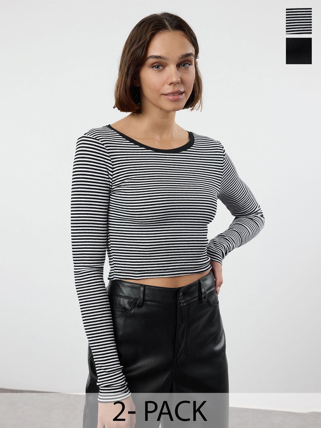 

Trendyol Women Pack of 2 Striped Crop Top, Black