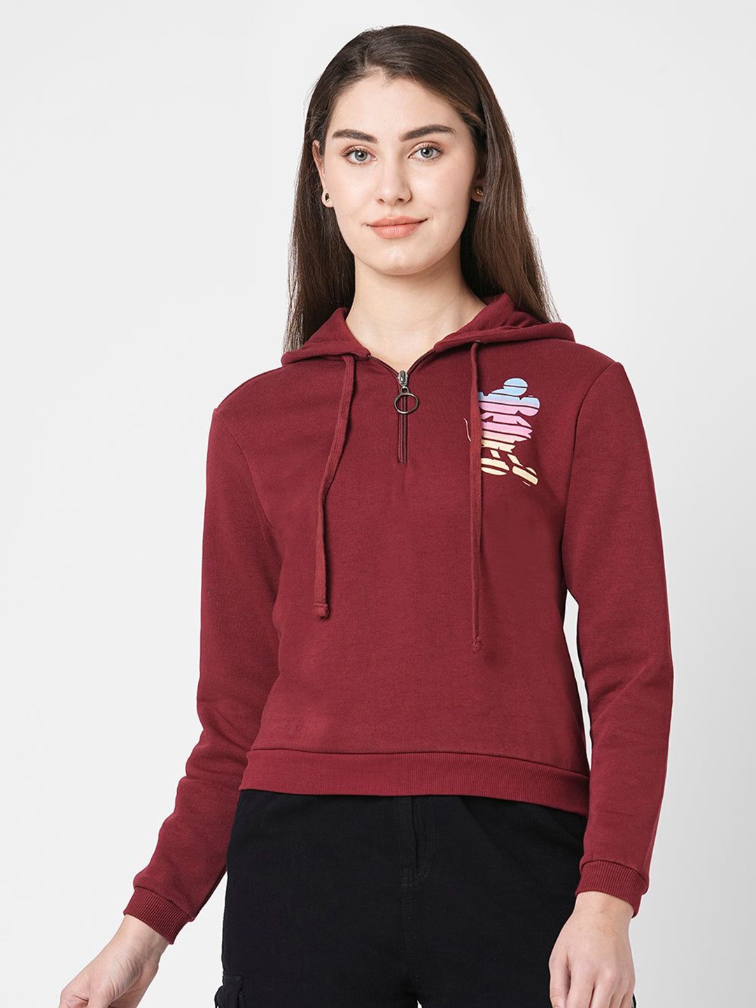 

Kraus Jeans Women Printed Hooded Long Sleeves Half Zipped Sweatshirt, Maroon