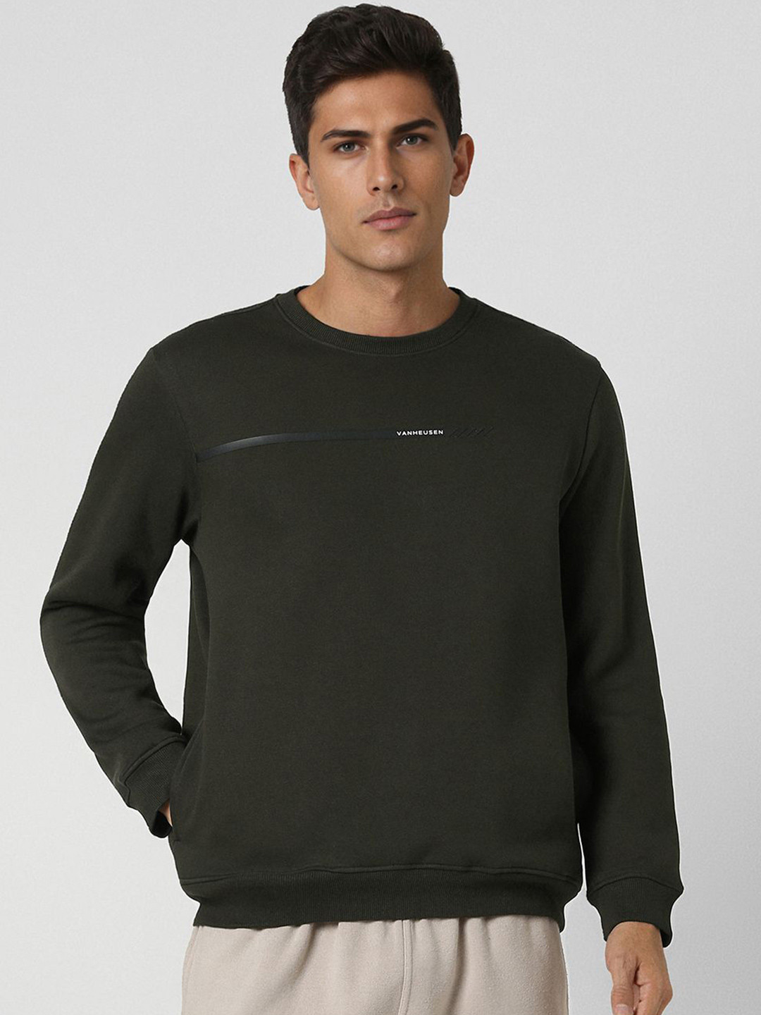 

Van Heusen Flex Men Solid Round Neck Sweatshirt, Olive