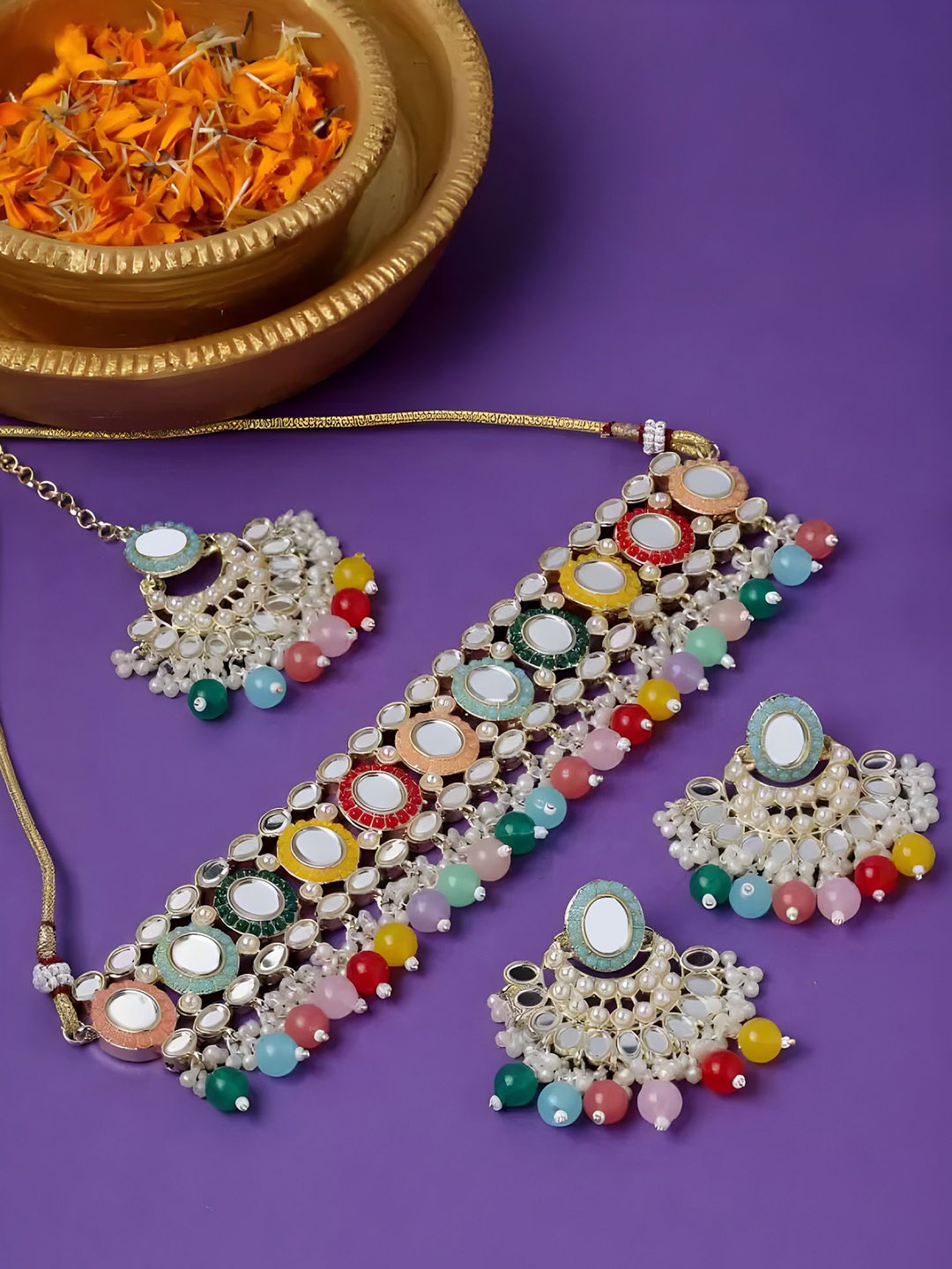 

TINALIVA Silver-Plated Stone-Studded & Beaded Jewellery Set