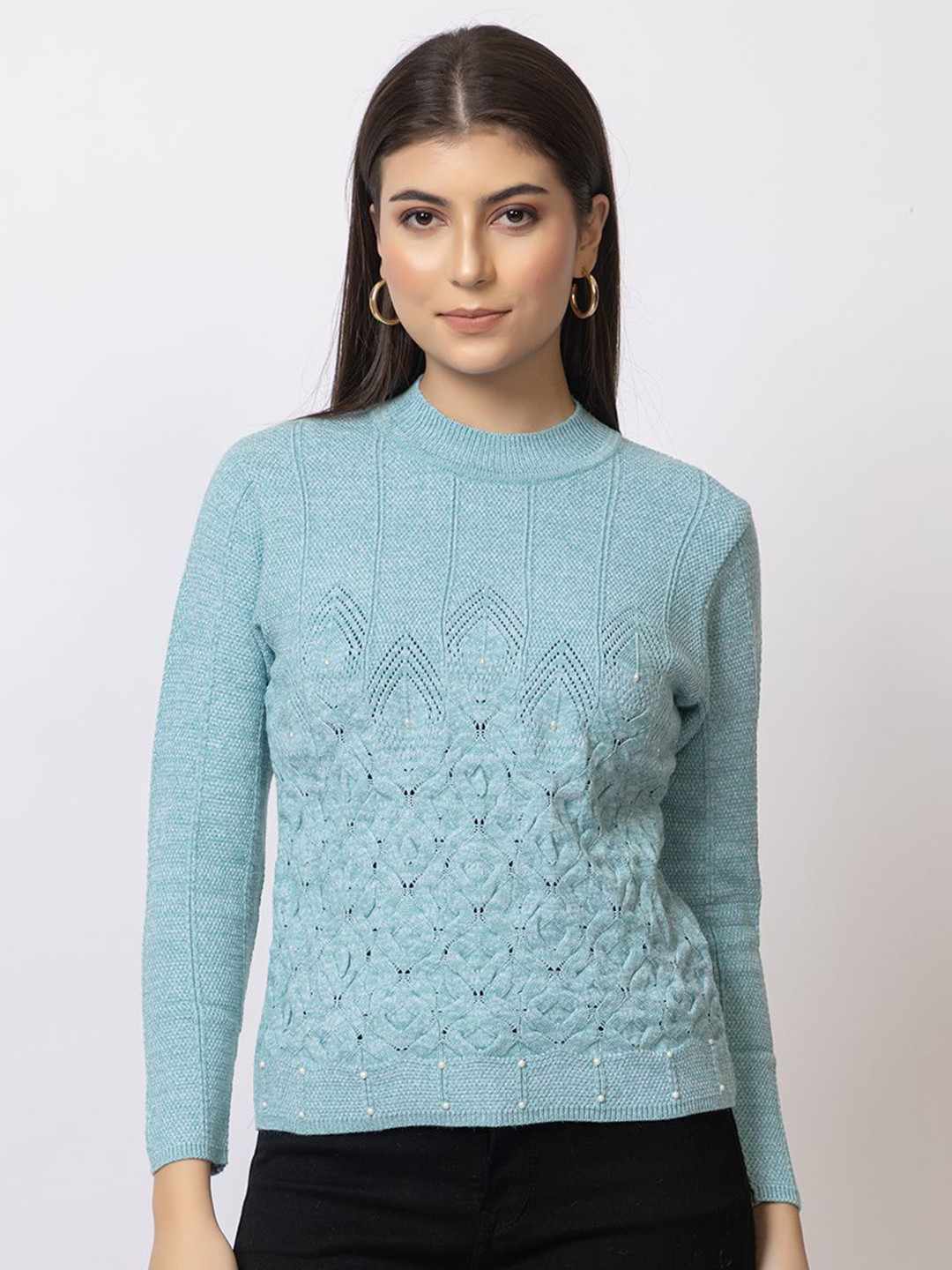

Navsha Women Woollen Long Sleeves Round Neck Pullover, Blue
