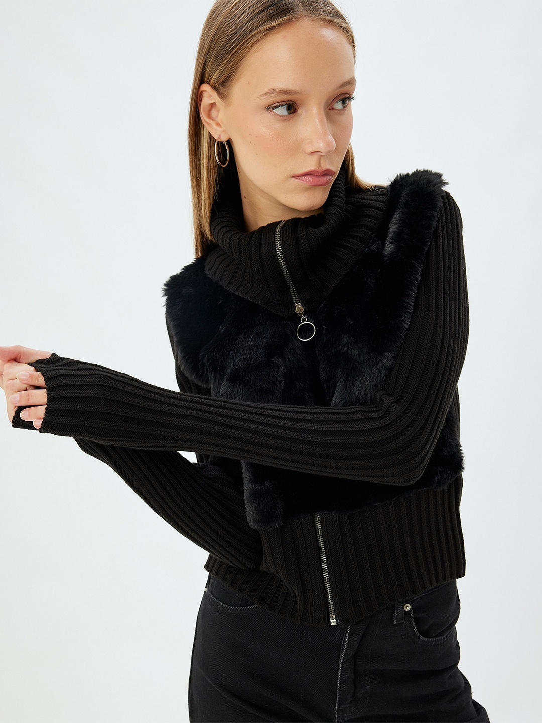

Koton Women Ribbed Mock Collar Front-Open Sweater with Zip Detail, Black