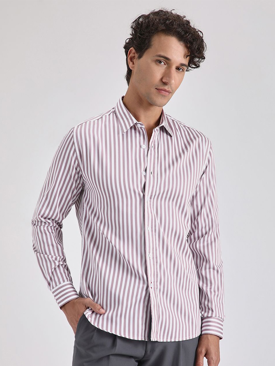 

Banana Club Men Classic Slim Fit Opaque Striped Casual Shirt, Pink