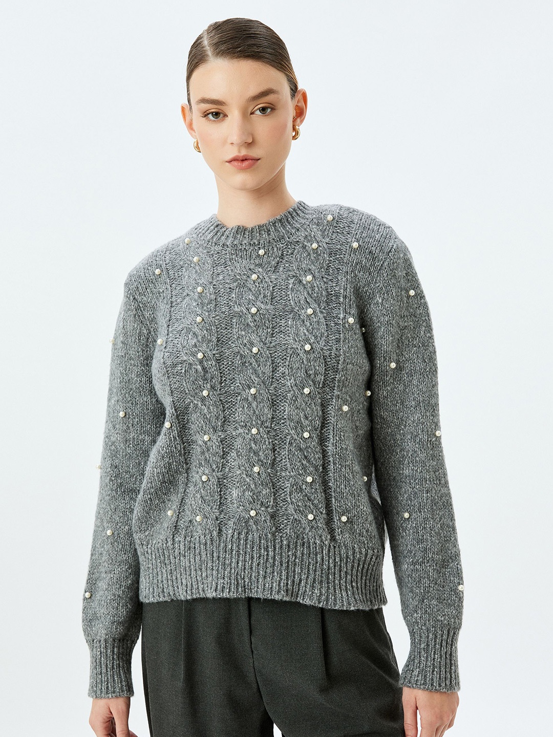 

Koton Women Cable Knit Self Design Pullover With Embellished Detail, Grey