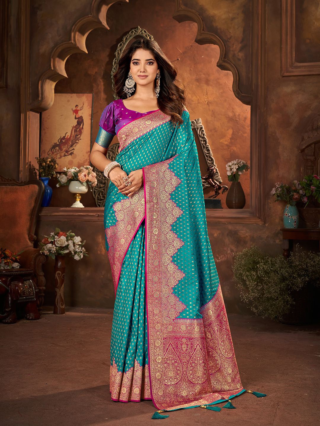 

Mehrang Woven Design Zari Silk Banarasi Saree, Blue