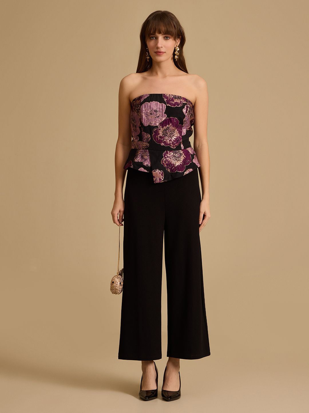 

Kazo Floral Printed Strapless Basic Jumpsuit, Purple