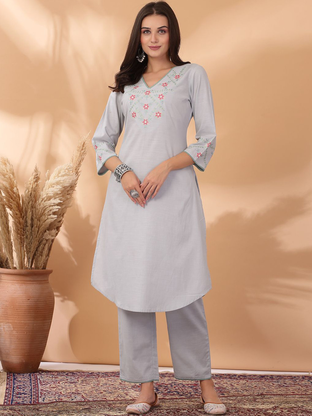 

Nayam By Lakshita Women Embroidered Regular Linen Kurta with Palazzos & With Dupatta, Grey