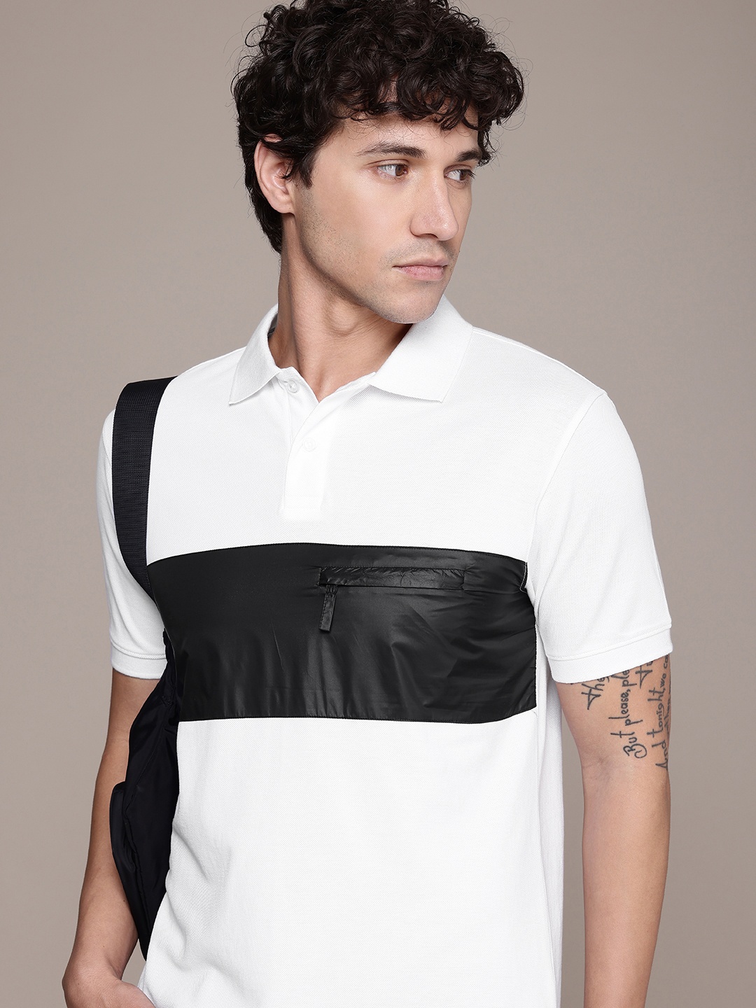 

French Connection Colourblocked Polo Collar Pure Cotton Pocket T-shirt, White