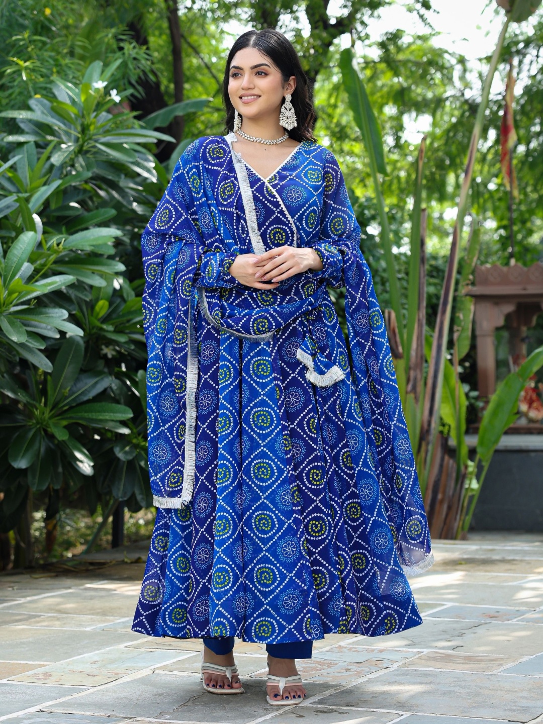 

ASHEERA Women Bandhani Printed Empire Gotta Patti Kurta with Trousers & With Dupatta, Blue