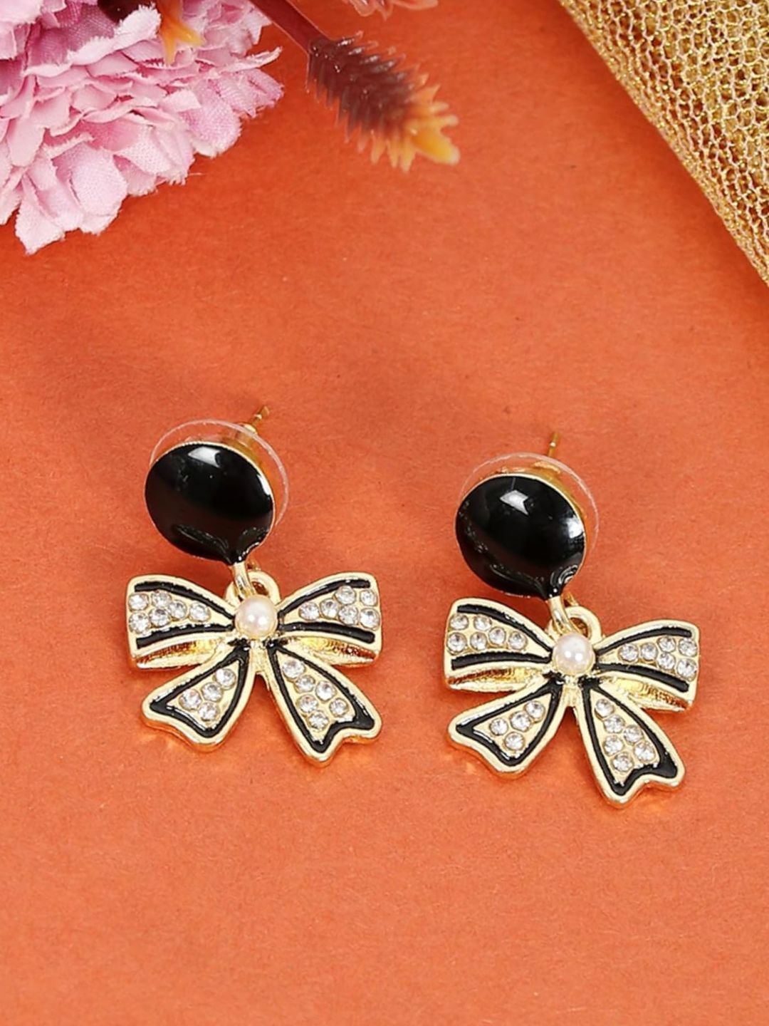

DressBerry Gold-Plated Stone-Studded & Beaded Contemporary Studs Earrings, Black