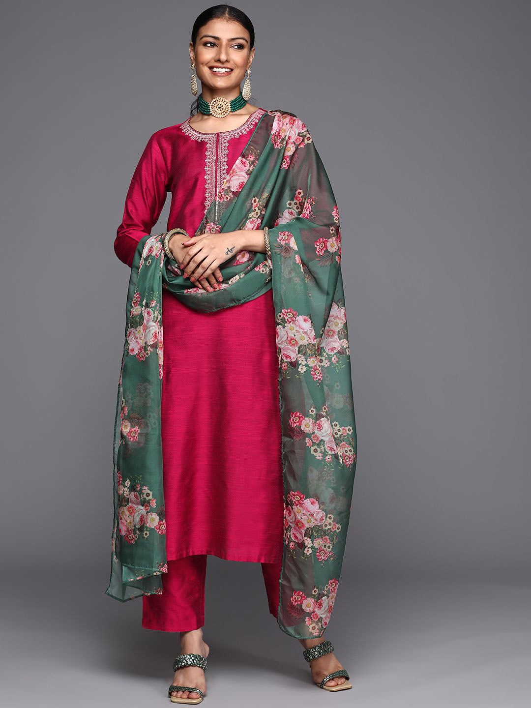 

KALINI Women Ethnic Motifs Embroidered Regular Kurta with Trousers & With Dupatta, Magenta